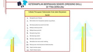 KETERAMPILAN BERPAKAIAN SENDIRI (DRESSING SKILL)
DI TTKA CERIA UNJ
Indikator Pencapaian Keterampilan Anak dalam Berpakaian
Sendiri
1. Mengetahui jenis Pakaian
2. Memisahkan dan merapakaian pakaian yang dibawa
3. Membawa pakaiannya sendiri dari loker
4. Melepas celananya sendiri
5. Melepas bajunya sendiri
6. Merapikan baju kotor
Memakai baju sendiri
Memakai celana sendiri
Menaikkan dan menurunkan resleting
7.
8.
9.
10. Bertanya atau meminta bantuan ketika kesulitan
11. Dapat memakai sepatu
12. Dapat melepas sepatu
 