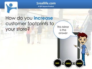 1reallife.com
A QPI Square Product
How do you increase
customer footprints to
your store?
SMS SMILE SHARE
This Mirror
is the
answer
 