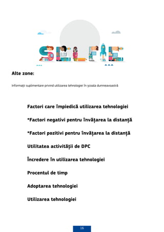 16
Alte zone:
Informații suplimentare privind utilizarea tehnologiei în școala dumneavoastră
Factori care împiedică utilizarea tehnologiei
*Factori negativi pentru învățarea la distanță
*Factori pozitivi pentru învățarea la distanță
Utilitatea activității de DPC
Încredere în utilizarea tehnologiei
Procentul de timp
Adoptarea tehnologiei
Utilizarea tehnologiei
 