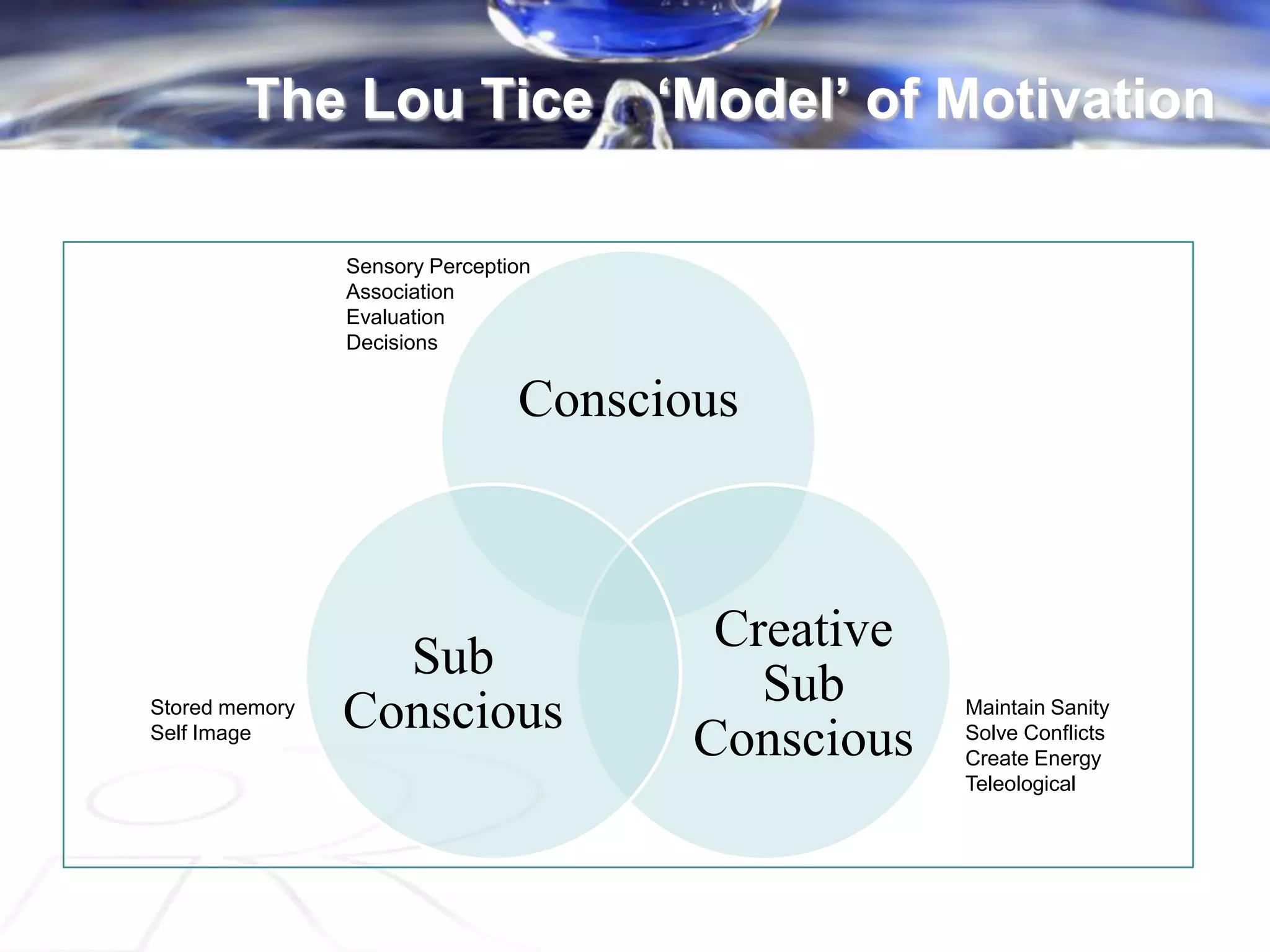 The Lou Tice ‘Model’ of Motivation
Conscious
Creative
Sub
Conscious
Sub
Conscious
Sensory Perception
Association
Evaluation
Decisions
Stored memory
Self Image
Maintain Sanity
Solve Conflicts
Create Energy
Teleological
 