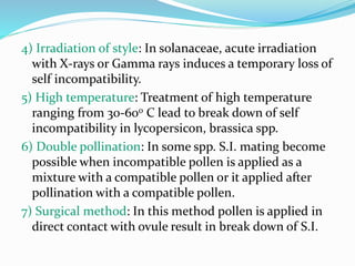 4) Irradiation of style: In solanaceae, acute irradiation
with X-rays or Gamma rays induces a temporary loss of
self incompatibility.
5) High temperature: Treatment of high temperature
ranging from 30-600 C lead to break down of self
incompatibility in lycopersicon, brassica spp.
6) Double pollination: In some spp. S.I. mating become
possible when incompatible pollen is applied as a
mixture with a compatible pollen or it applied after
pollination with a compatible pollen.
7) Surgical method: In this method pollen is applied in
direct contact with ovule result in break down of S.I.
 