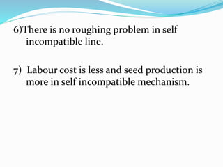 6)There is no roughing problem in self
incompatible line.
7) Labour cost is less and seed production is
more in self incompatible mechanism.
 