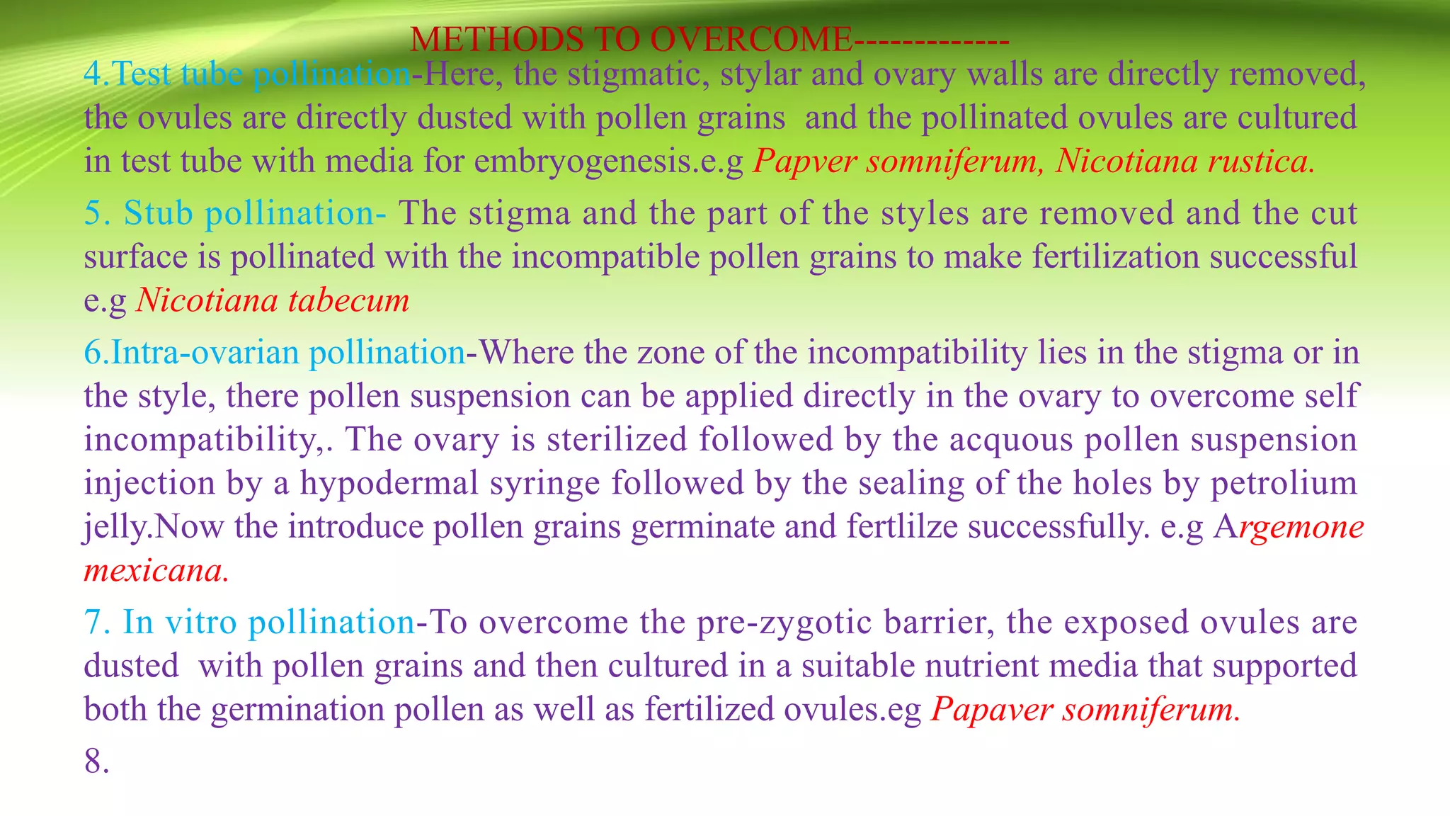 METHODS TO OVERCOME-------------
4.Test tube pollination-Here, the stigmatic, stylar and ovary walls are directly removed,
the ovules are directly dusted with pollen grains and the pollinated ovules are cultured
in test tube with media for embryogenesis.e.g Papver somniferum, Nicotiana rustica.
5. Stub pollination- The stigma and the part of the styles are removed and the cut
surface is pollinated with the incompatible pollen grains to make fertilization successful
e.g Nicotiana tabecum
6.Intra-ovarian pollination-Where the zone of the incompatibility lies in the stigma or in
the style, there pollen suspension can be applied directly in the ovary to overcome self
incompatibility,. The ovary is sterilized followed by the acquous pollen suspension
injection by a hypodermal syringe followed by the sealing of the holes by petrolium
jelly.Now the introduce pollen grains germinate and fertlilze successfully. e.g Argemone
mexicana.
7. In vitro pollination-To overcome the pre-zygotic barrier, the exposed ovules are
dusted with pollen grains and then cultured in a suitable nutrient media that supported
both the germination pollen as well as fertilized ovules.eg Papaver somniferum.
8.
 