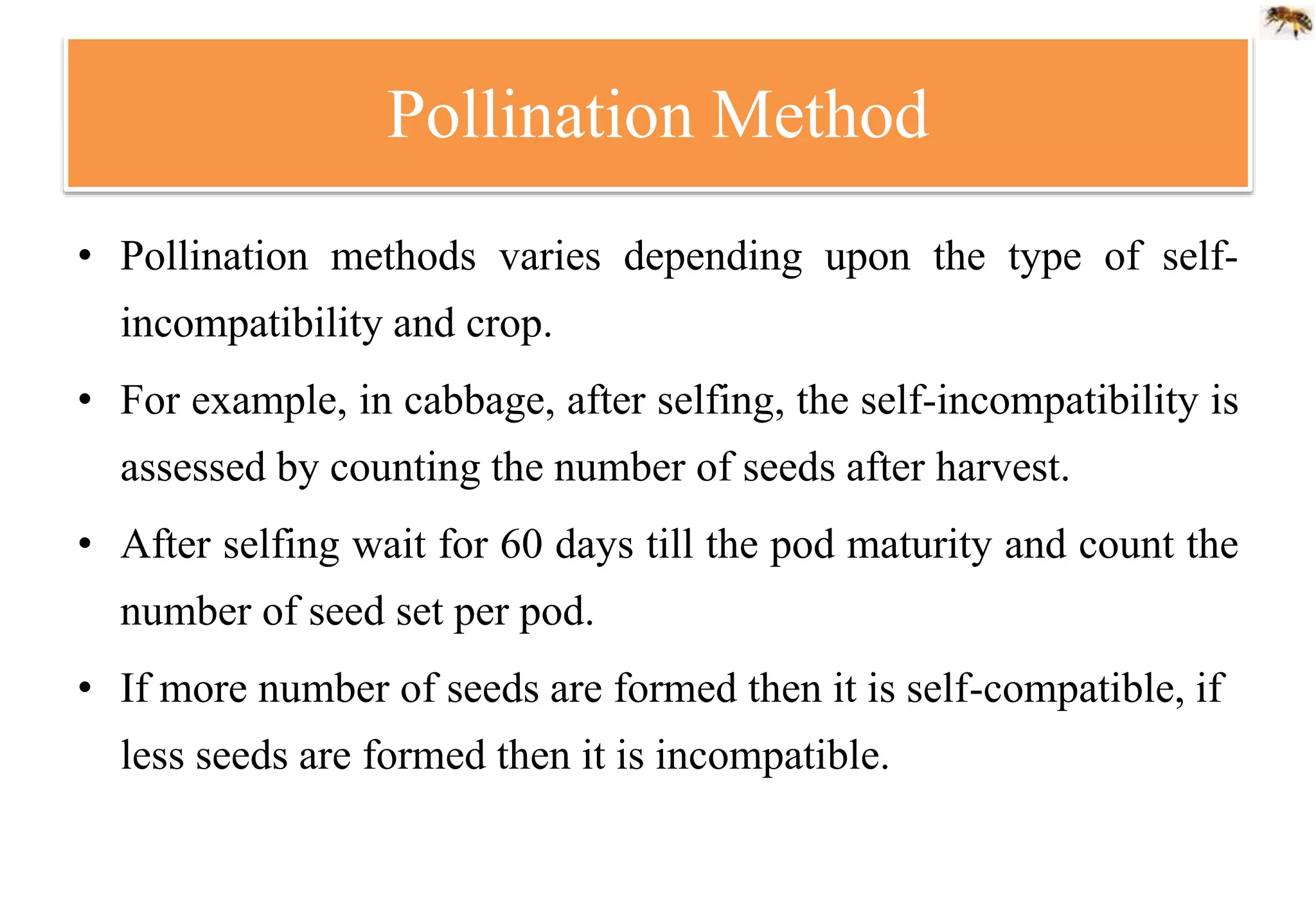 Pollination Method
• Pollination methods varies depending upon the type of self-
incompatibility and crop.
• For example, in cabbage, after selfing, the self-incompatibility is
assessed by counting the number of seeds after harvest.
• After selfing wait for 60 days till the pod maturity and count the
number of seed set per pod.
• If more number of seeds are formed then it is self-compatible, if
less seeds are formed then it is incompatible.
 