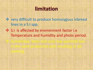  very difficult to produce homozygous inbreed
lines in a S.I spp.
 S.I is affected by environment factor i.e
Temperature and humidity and photo period.
 Sometimes, bees visit only one parental line
in the seed production plot resulting in sib
matting.
 