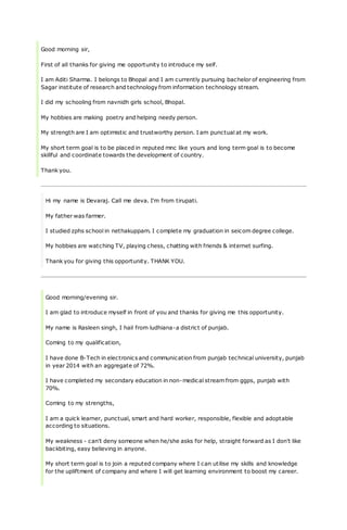 Self Introduction Sample For Engineering Students