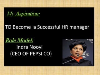 My Aspiration:
TO Become a Successful HR manager
Role Model:
Indra Nooyi
(CEO OF PEPSI CO)
 