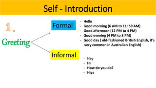 Self - Introduction
Greeting
Formal
Informal
- Hello
- Good morning (6 AM to 11: 59 AM)
- Good afternoon (12 PM to 4 PM)
- Good evening (4 PM to 8 PM)
- Good day ( old-fashioned British English, it’s
very common in Australian English)
- Hey
- Hi
- How do you do?
- Hiya
 