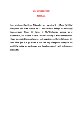 Self Introduction Template Guide.pdf SELF INTRODUCTION TEMPLATE-SANGEETHA.S 47 | PDF