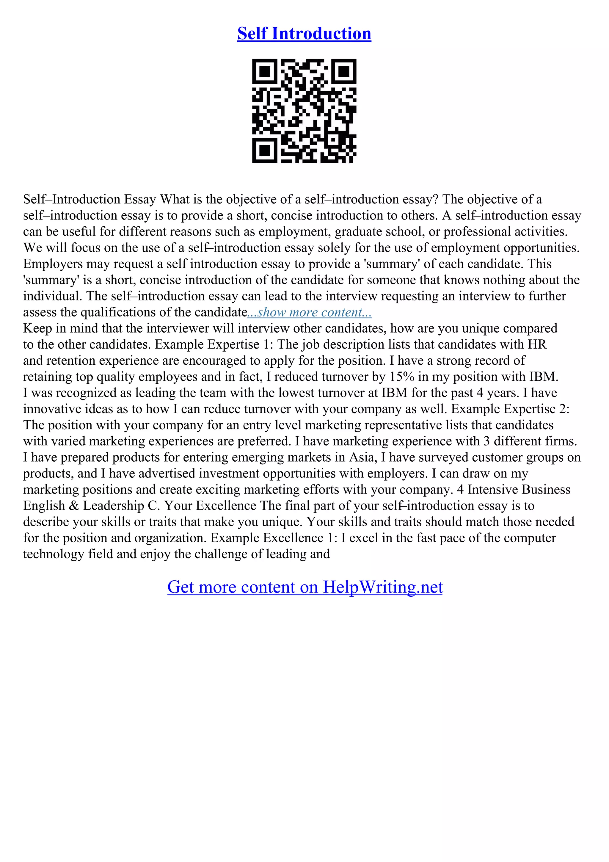 Self Introduction Essay Example | PDF