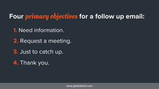 www.getsidekick.com
Four primary objectives for a follow up email:
1. Need information.
2. Request a meeting.
3. Just to c...