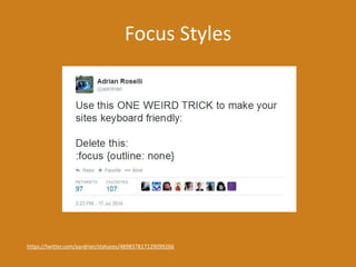 Focus Styles
https://twitter.com/aardrian/statuses/489837817129099266
 