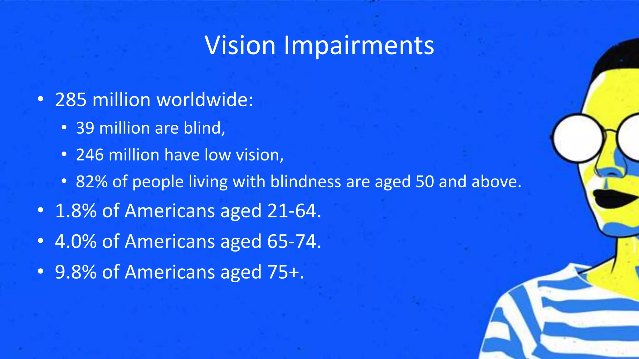 Vision Impairments
• 285 million worldwide:
• 39 million are blind,
• 246 million have low vision,
• 82% of people living with blindness are aged 50 and above.
• 1.8% of Americans aged 21-64.
• 4.0% of Americans aged 65-74.
• 9.8% of Americans aged 75+.
 
