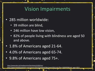 Vision Impairments
• 285 million worldwide:
• 39 million are blind,
• 246 million have low vision,
• 82% of people living with blindness are aged 50
and above.
• 1.8% of Americans aged 21-64.
• 4.0% of Americans aged 65-74.
• 9.8% of Americans aged 75+.
http://www.who.int/mediacentre/factsheets/fs282/en/
http://www.disabilitystatistics.org/reports/2012/English/HTML/report2012.cfm?fips=2000000&html_year=2012
 