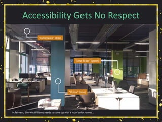 Accessibility Gets No Respect
In fairness, Sherwin Williams needs to come up with a lot of color names...
“Cyberspace” (gray)
“Online” (blue)
“Lime Rickey” (green)
 