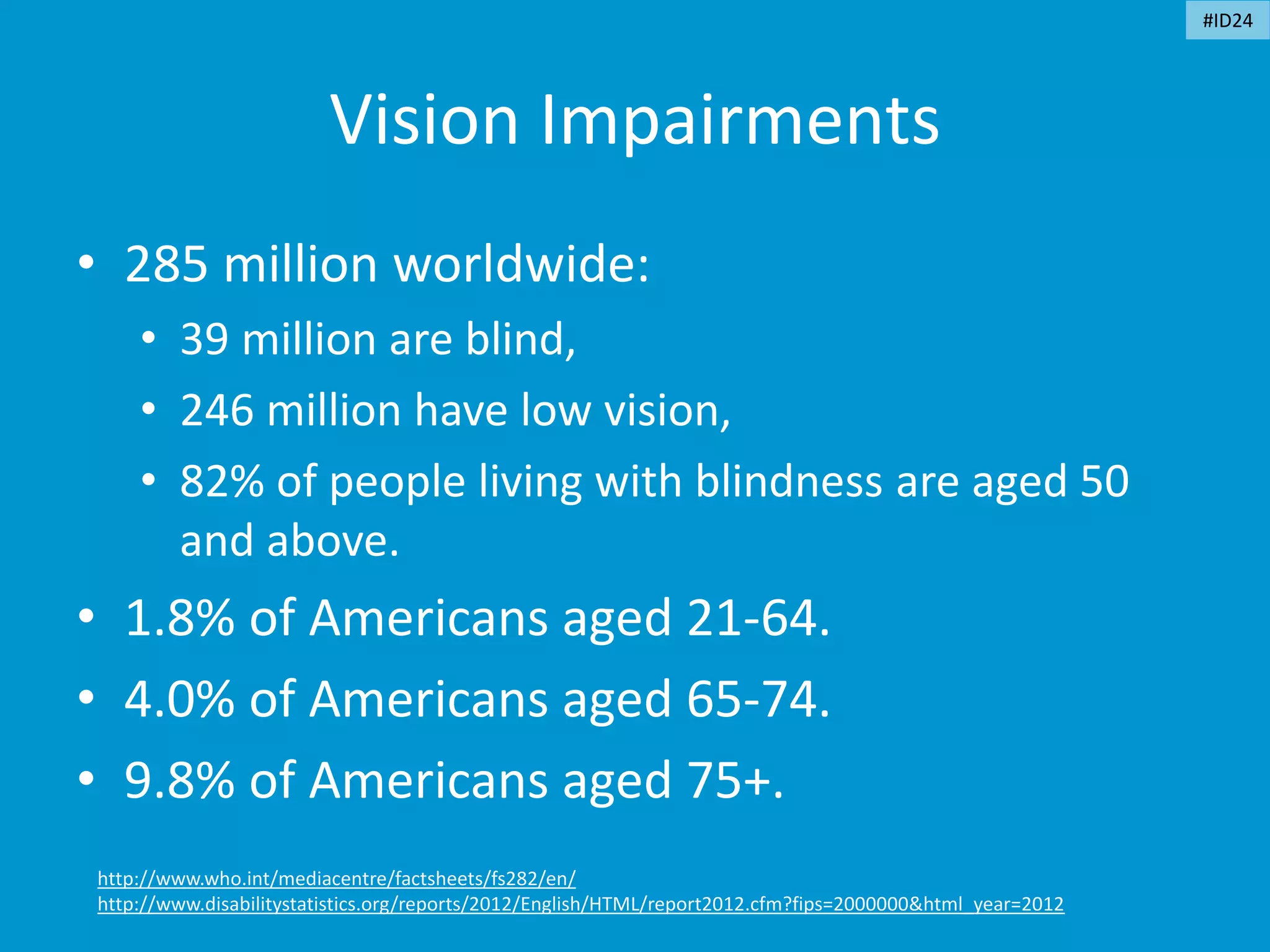Vision Impairments
• 285 million worldwide:
• 39 million are blind,
• 246 million have low vision,
• 82% of people living with blindness are aged 50
and above.
• 1.8% of Americans aged 21-64.
• 4.0% of Americans aged 65-74.
• 9.8% of Americans aged 75+.
http://www.who.int/mediacentre/factsheets/fs282/en/
http://www.disabilitystatistics.org/reports/2012/English/HTML/report2012.cfm?fips=2000000&html_year=2012
#ID24
 