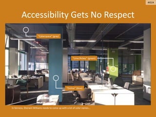 Accessibility Gets No Respect
In fairness, Sherwin Williams needs to come up with a lot of color names...
“Cyberspace” (gray)
“Online” (blue)
“Lime Rickey” (green)
#ID24
 