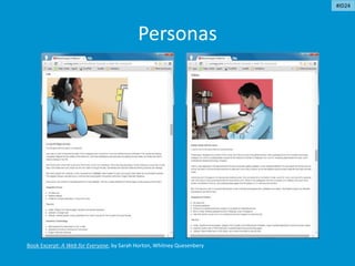 Personas
Book Excerpt: A Web for Everyone, by Sarah Horton, Whitney Quesenbery
#ID24
 