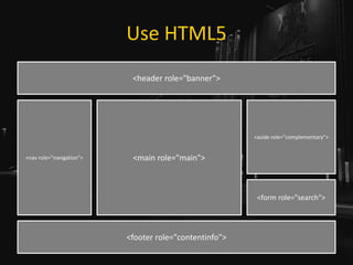 Use HTML5
<header role="banner">
<nav role="navigation">
<aside role="complementary">
<form role="search">
<footer role="contentinfo">
<main role="main">
 