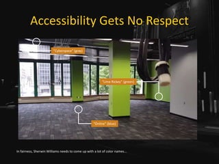 Accessibility Gets No Respect
In fairness, Sherwin Williams needs to come up with a lot of color names...
“Cyberspace” (gray)
“Online” (blue)
“Lime Rickey” (green)
 