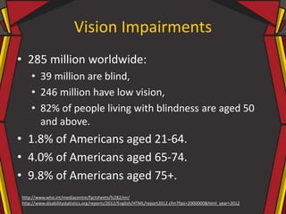 Vision Impairments
• 285 million worldwide:
• 39 million are blind,
• 246 million have low vision,
• 82% of people living with blindness are aged 50
and above.
• 1.8% of Americans aged 21-64.
• 4.0% of Americans aged 65-74.
• 9.8% of Americans aged 75+.
http://www.who.int/mediacentre/factsheets/fs282/en/
http://www.disabilitystatistics.org/reports/2012/English/HTML/report2012.cfm?fips=2000000&html_year=2012
 
