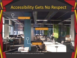 Accessibility Gets No Respect
In fairness, Sherwin Williams needs to come up with a lot of color names...
“Cyberspace” (gray)
“Online” (blue)
“Lime Rickey” (green)
 