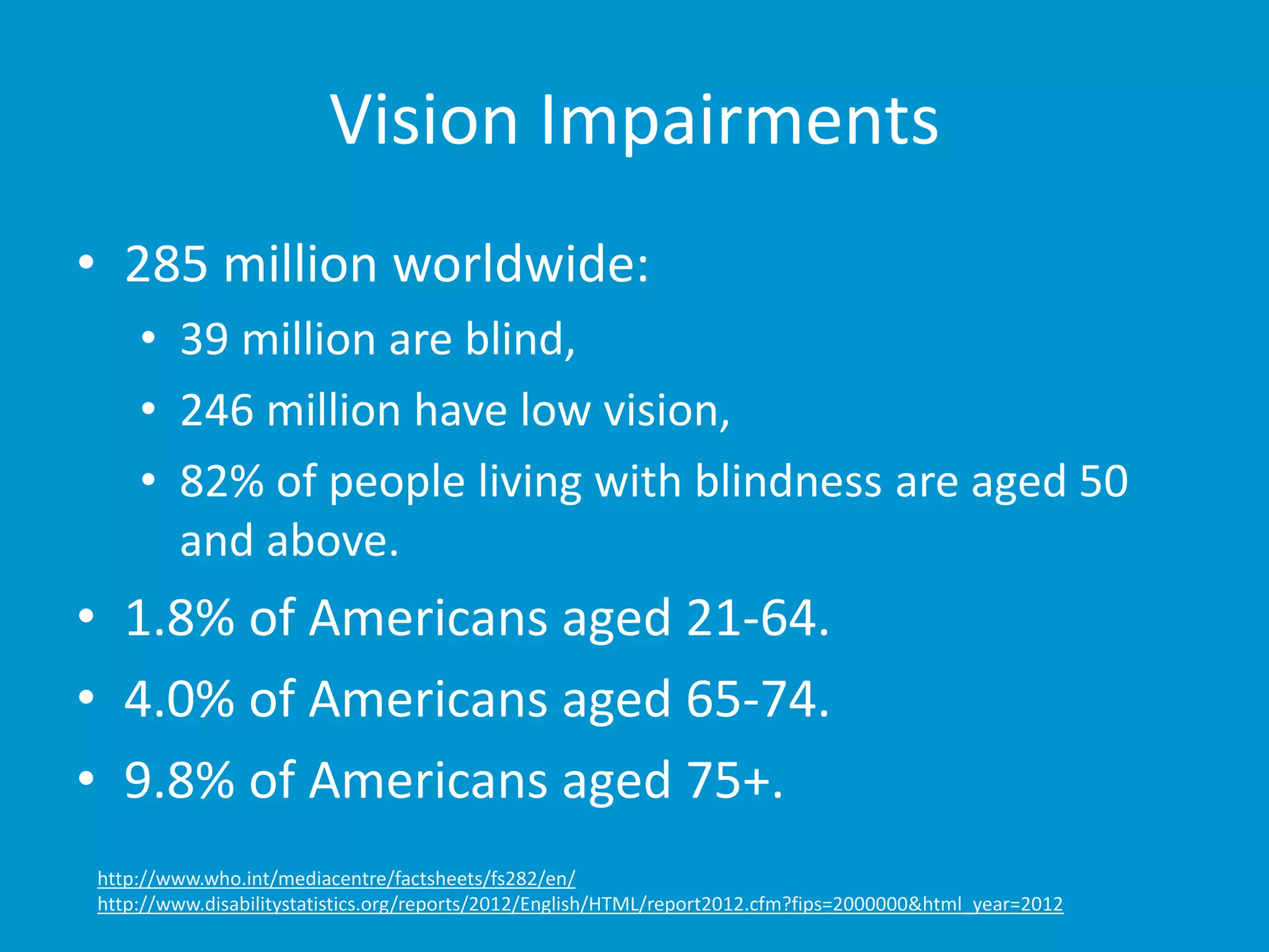 Vision Impairments 
• 285 million worldwide: 
• 39 million are blind, 
• 246 million have low vision, 
• 82% of people living with blindness are aged 50 
and above. 
• 1.8% of Americans aged 21-64. 
• 4.0% of Americans aged 65-74. 
• 9.8% of Americans aged 75+. 
http://www.who.int/mediacentre/factsheets/fs282/en/ 
http://www.disabilitystatistics.org/reports/2012/English/HTML/report2012.cfm?fips=2000000&html_year=2012 
 