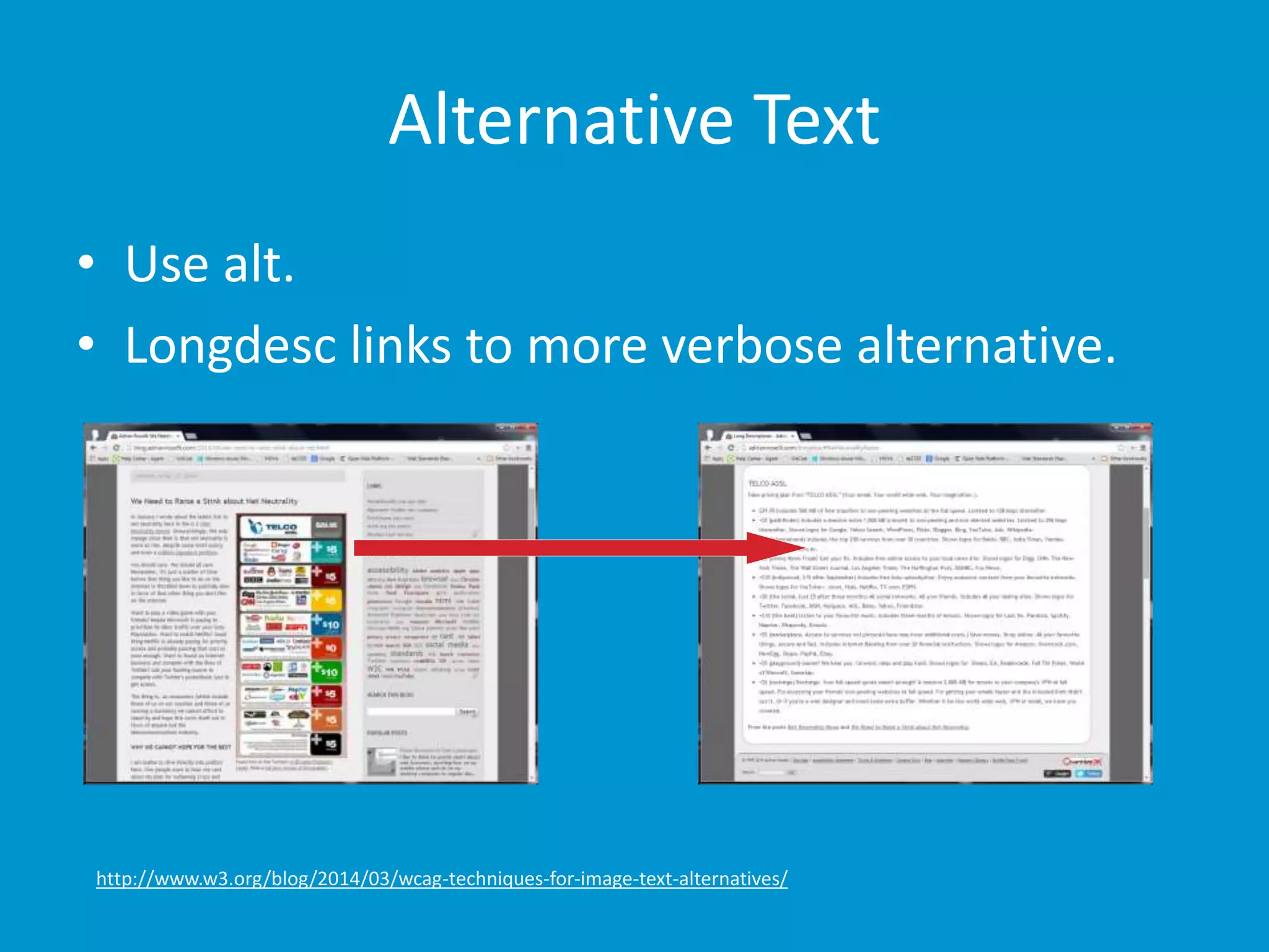 Alternative Text 
• Use alt. 
• Longdesc links to more verbose alternative. 
http://www.w3.org/blog/2014/03/wcag-techniques-for-image-text-alternatives/ 
 