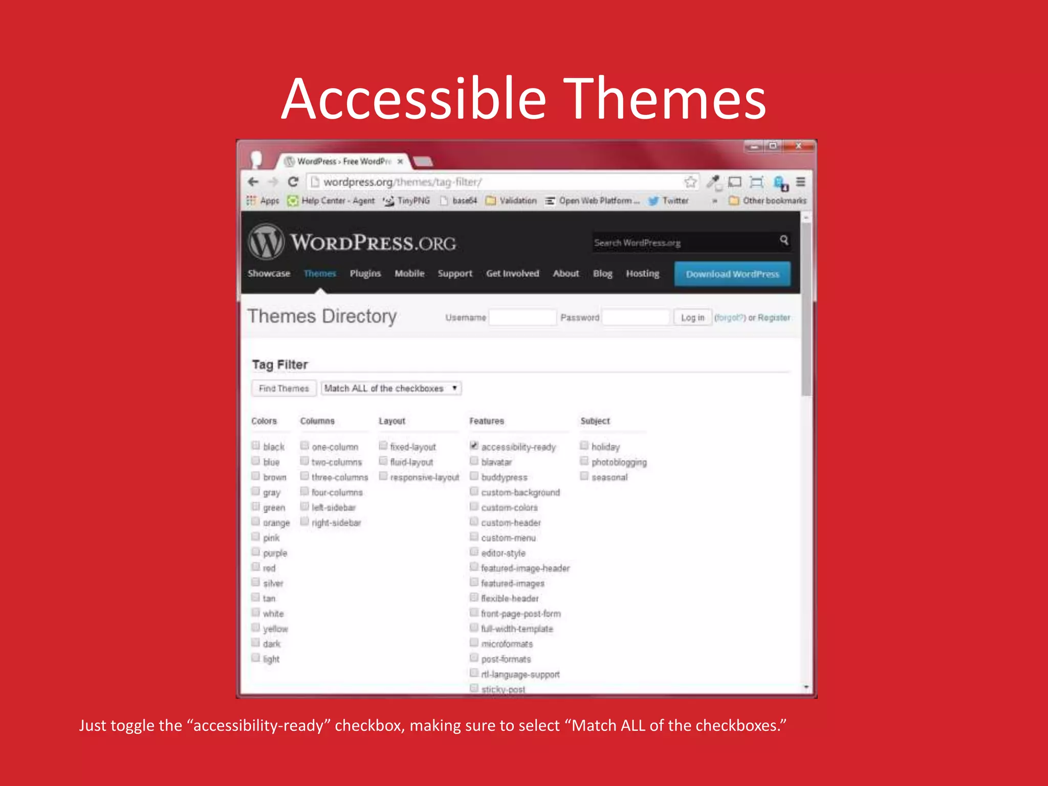 Accessible Themes 
Just toggle the “accessibility-ready” checkbox, making sure to select “Match ALL of the checkboxes.” 
 
