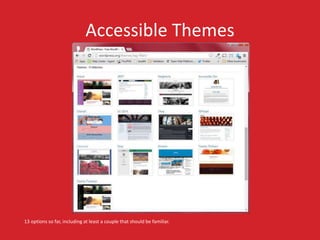 Accessible Themes 
13 options so far, including at least a couple that should be familiar. 
 