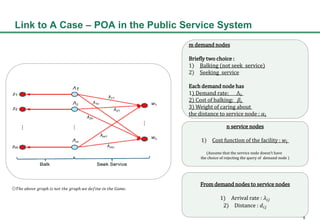 6
Link to A Case C POA in the Public Service System
??? ????? ????? ?? ??? ??? ????? ?? ?????? ?? ??? ????.
m demand nodes
Briefly two choice :
1) Balking (not seek service)
2) Seeking service
Each demand node has
1) Demand rate:  ?
2) Cost of balking: ??
3) Weight of caring about
the distance to service node : ??
n service nodes
1) Cost function of the facility : ??
(Assume that the service node doesnt have
the choice of rejecting the query of demand node )
From demand nodes to service nodes
1) Arrival rate : ???
2) Distance : ???
 