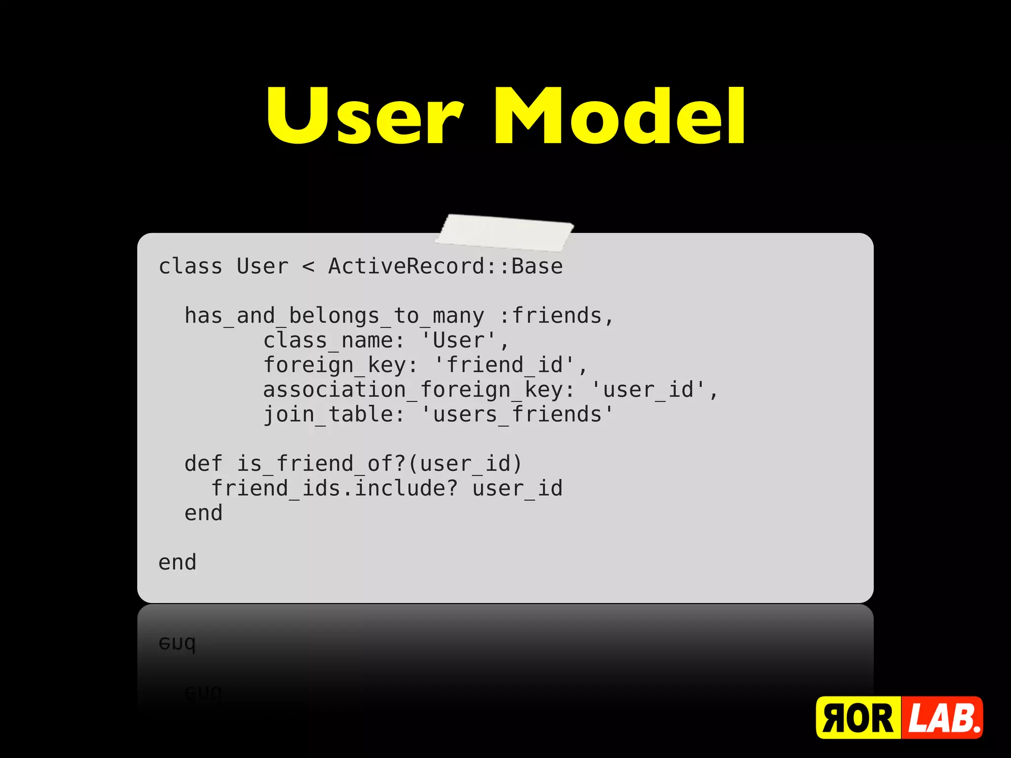 User Model
class User < ActiveRecord::Base
has_and_belongs_to_many :friends,
class_name: 'User',
foreign_key: 'friend_id',
association_foreign_key: 'user_id',
join_table: 'users_friends'
def is_friend_of?(user_id)
friend_ids.include? user_id
end
end