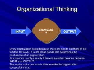 Organizational ThinkingOrganizational Thinking
INPUT ORGANIZATIO
N
ORGANIZATIO
N OUTPUT
Every organization exists because there are needs out there to be
fulfilled. However, it is not those needs that determines the
perdurance of an organization.
Its existence is only a reality if there is a certain balance between
INPUT and OUTPUT.
The leader is the one who is able to make the organization
successful in that.
 