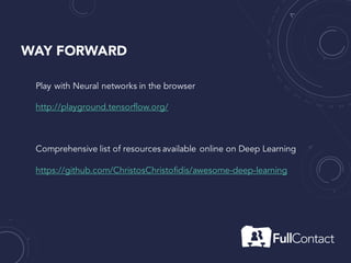 WAY FORWARD
Play with Neural networks in the browser
http://playground.tensorflow.org/
Comprehensive list of resources available online on Deep Learning
https://github.com/ChristosChristofidis/awesome-deep-learning
Very active online Machine Learning Community
https://www.kaggle.com/
 