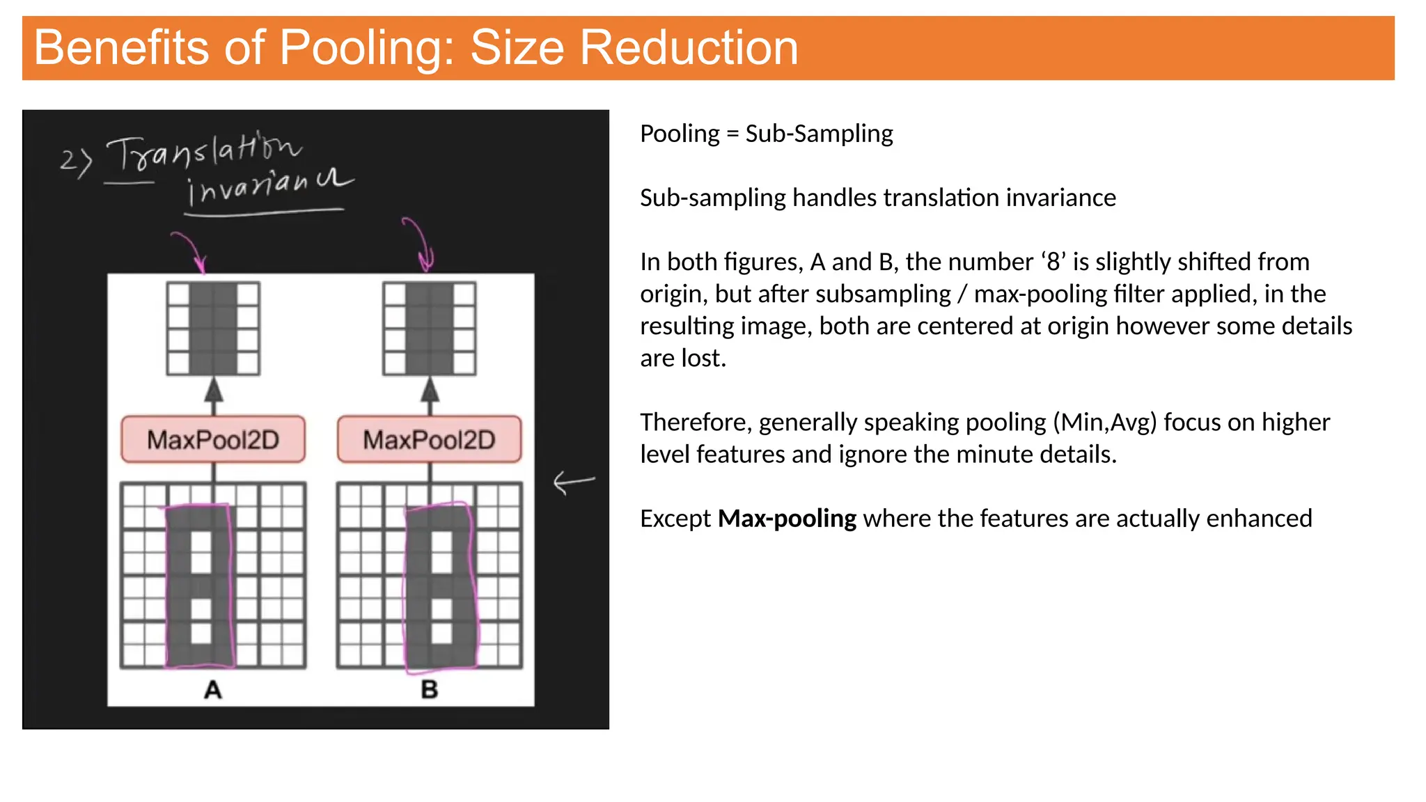 Pooling = Sub-Sampling
Sub-sampling handles translation invariance
In both figures, A and B, the number ‘8’ is slightly shifted from
origin, but after subsampling / max-pooling filter applied, in the
resulting image, both are centered at origin however some details
are lost.
Therefore, generally speaking pooling (Min,Avg) focus on higher
level features and ignore the minute details.
Except Max-pooling where the features are actually enhanced
Benefits of Pooling: Size Reduction
 