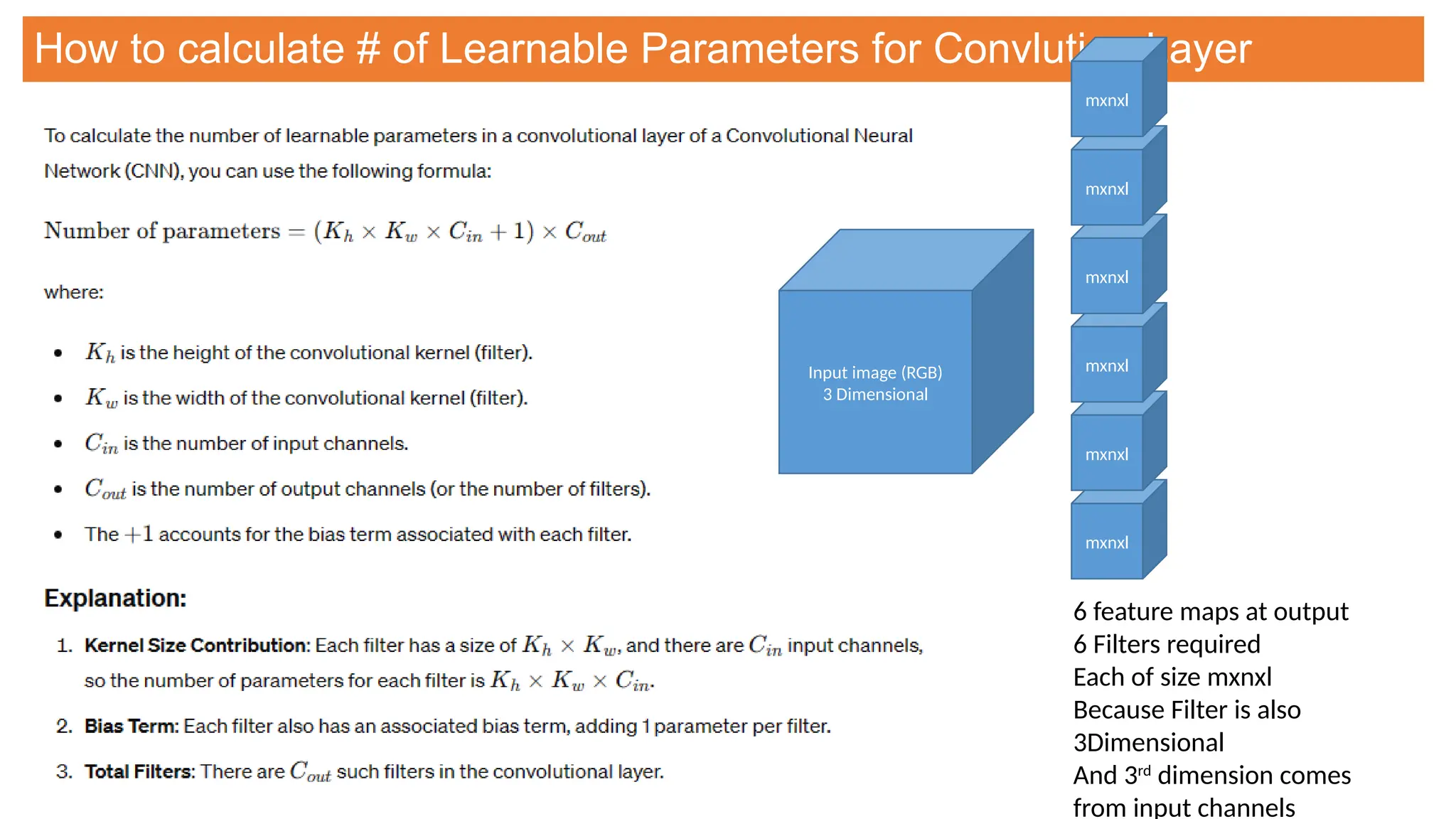 How to calculate # of Learnable Parameters for Convlution Layer
6 feature maps at output
6 Filters required
Each of size mxnxl
Because Filter is also
3Dimensional
And 3rd
dimension comes
from input channels
Input image (RGB)
3 Dimensional
mxnxl
mxnxl
mxnxl
mxnxl
mxnxl
mxnxl
 