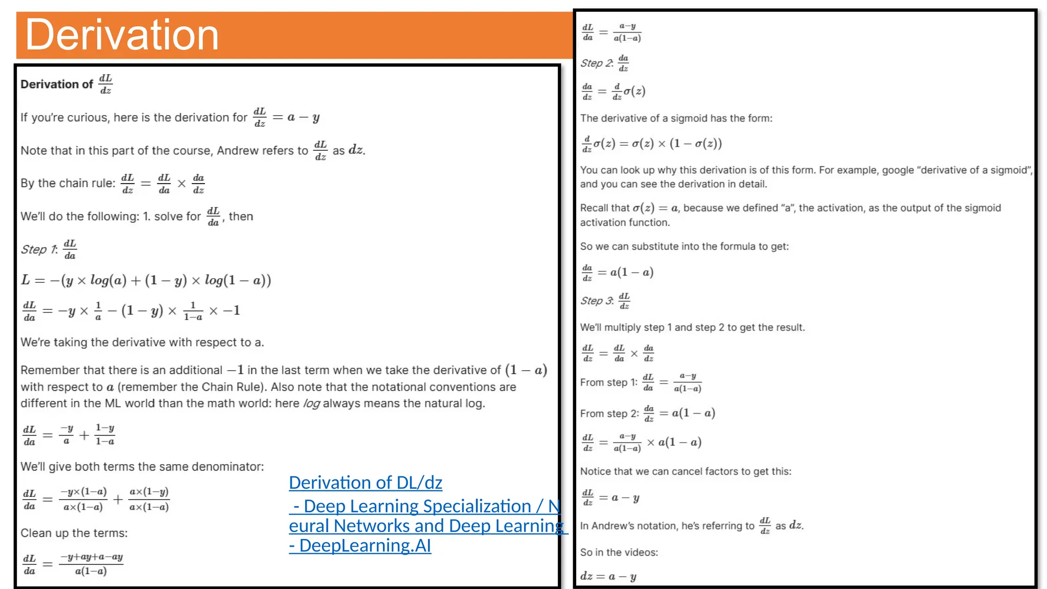 Derivation
Derivation of DL/dz
- Deep Learning Specialization / N
eural Networks and Deep Learning
- DeepLearning.AI
 