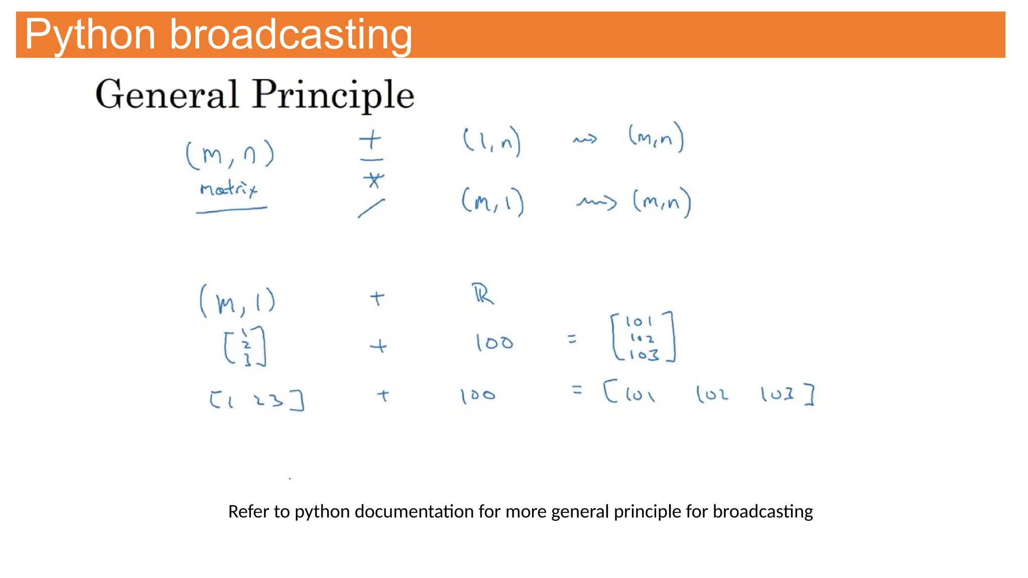 Python broadcasting
Refer to python documentation for more general principle for broadcasting
 