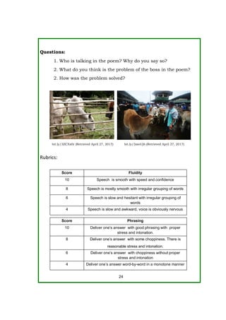 Questions:
1. Who is talking in the poem? Why do you say so?
2. What do you think is the problem of the boss in the poem?
2. How was the problem solved?
Rubrics:
24
Score Fluidity
10 Speech is smooth with speed and confidence
8 Speech is mostly smooth with irregular grouping of words
6 Speech is slow and hesitant with irregular grouping of
words
4 Speech is slow and awkward, voice is obviously nervous
Score Phrasing
10 Deliver one’s answer with good phrasing with proper
stress and intonation.
8 Deliver one’s answer with some choppiness. There is
reasonable stress and intonation.
6 Deliver one’s answer with choppiness without proper
stress and intonation
4 Deliver one’s answer word-by-word in a monotone manner
bit.ly/3ZCXx0r (Retrieved April 27, 2017) bit.ly/3zsoUj6 (Retrieved April 27, 2017)
 