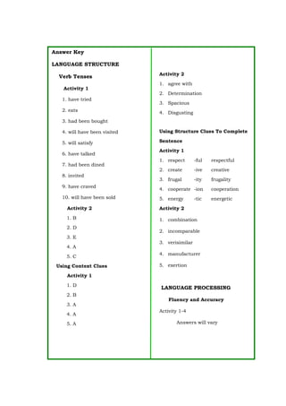 Answer Key
LANGUAGE STRUCTURE
Verb Tenses
Activity 1
1. have tried
2. eats
3. had been bought
4. will have been visited
5. will satisfy
6. have talked
7. had been dined
8. invited
9. have craved
10. will have been sold
Activity 2
1. B
2. D
3. E
4. A
5. C
Using Context Clues
Activity 1
1. D
2. B
3. A
4. A
5. A
Activity 2
1. agree with
2. Determination
3. Spacious
4. Disgusting
Using Structure Clues To Complete
Sentence
Activity 1
1. respect -ful respectful
2. create -ive creative
3. frugal -ity frugality
4. cooperate -ion cooperation
5. energy -tic energetic
Activity 2
1. combination
2. incomparable
3. verisimilar
4. manufacturer
5. exertion
LANGUAGE PROCESSING
Fluency and Accuracy
Activity 1-4
Answers will vary
 