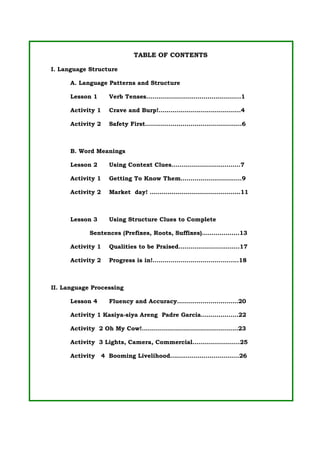 TABLE OF CONTENTS
I. Language Structure
A. Language Patterns and Structure
Lesson 1 Verb Tenses...……………………………………...1
Activity 1 Crave and Burp!.........................................4
Activity 2 Safety First………………………………………….6
B. Word Meanings
Lesson 2 Using Context Clues……………………………..7
Activity 1 Getting To Know Them………………………….9
Activity 2 Market day! ……………………………………….11
Lesson 3 Using Structure Clues to Complete
Sentences (Prefixes, Roots, Suffixes)……………….13
Activity 1 Qualities to be Praised………………………….17
Activity 2 Progress is in!...........................................18
II. Language Processing
Lesson 4 Fluency and Accuracy………………………….20
Activity 1 Kasiya-siya Areng Padre Garcia……………….22
Activity 2 Oh My Cow!................................................23
Activity 3 Lights, Camera, Commercial…………………...25
Activity 4 Booming Livelihood……………………………..26
 