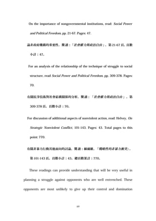 On the importance of nongovernmental institutions, read: Social Power
and Political Freedom, pp. 21-67. Pages: 47.
論非政府機構的重要性， 讀：「閱 社會權力與政治自由 」，第 21-67 頁。頁數
小計：47。
For an analysis of the relationship of the technique of struggle to social
structure, read Social Power and Political Freedom, pp. 309-378. Pages:
70.
有關抗爭技術對社會結構關係的分析， 讀：「閱 社會權力與政治自由 」，第
309-378 頁。頁數小計：70。
For discussion of additional aspects of nonviolent action, read: Helvey, On
Strategic Nonviolent Conflict, 101-143. Pages: 43. Total pages to this
point: 770.
有關非暴力行動其他面向的討論， 讀：赫爾維，「閱 戰略性的非暴力衝突」，
第 101-143 頁。頁數小計：43。總頁數累計：770。
These readings can provide understanding that will be very useful in
planning a struggle against opponents who are well entrenched. These
opponents are most unlikely to give up their control and domination
69
 