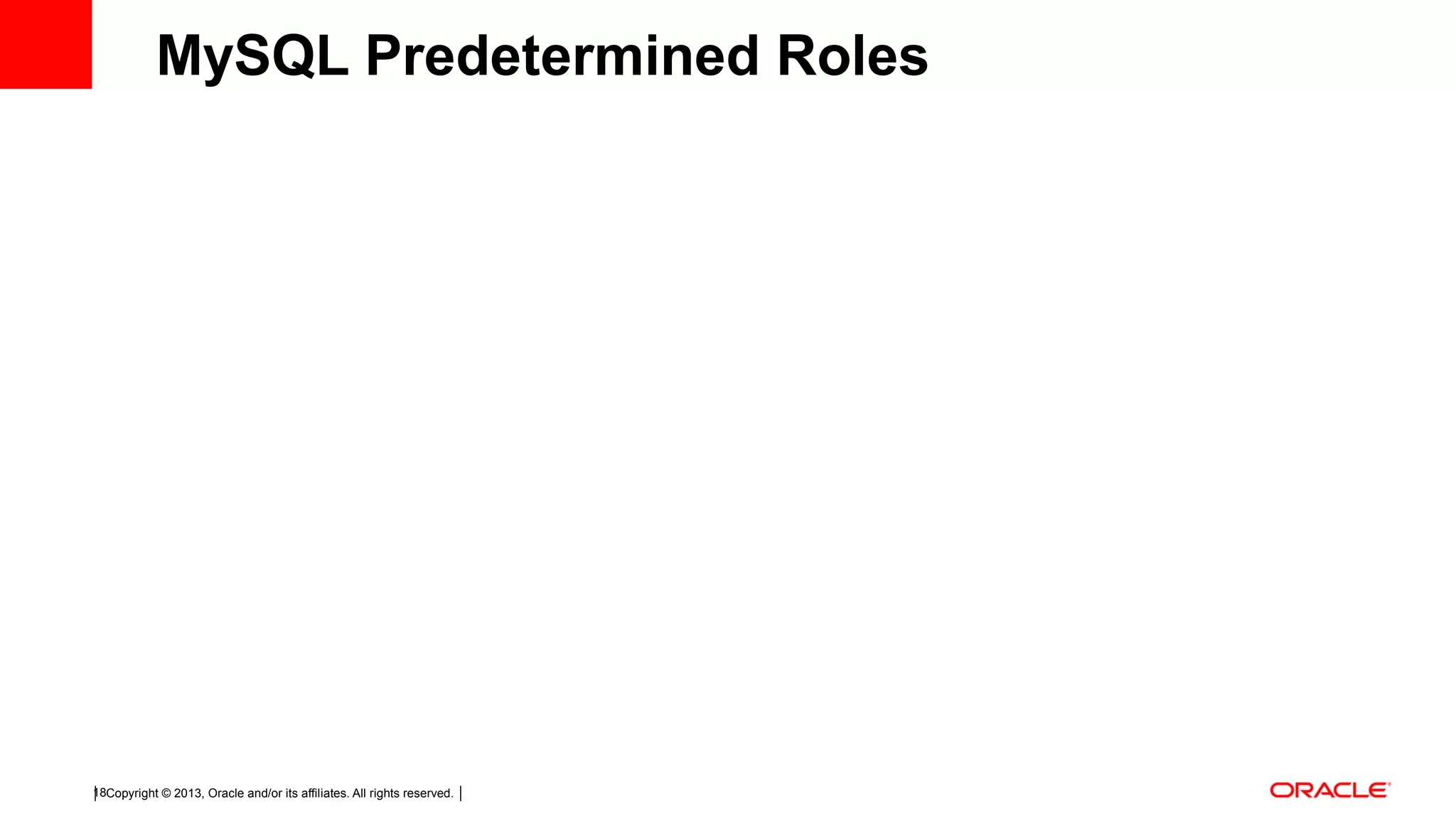Copyright © 2013, Oracle and/or its affiliates. All rights reserved.18 MySQL Predetermined Roles 