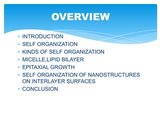 INTRODUCTION
SELF ORGANIZATION
KINDS OF SELF ORGANIZATION
MICELLE,LIPID BILAYER
EPITAXIAL GROWTH
SELF ORGANIZATION OF NANOSTRUCTURES
ON INTERLAYER SURFACES
CONCLUSION
OVERVIEW
 