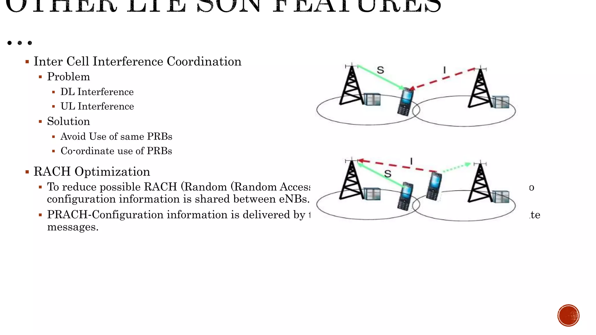  Inter Cell Interference Coordination
 Problem
 DL Interference
 UL Interference
 Solution
 Avoid Use of same PRBs
 Co-ordinate use of PRBs
 RACH Optimization
 To reduce possible RACH (Random (Random Access Channel) Channel) resources collisions, so
configuration information is shared between eNBs.
 PRACH‐Configuration information is delivered by the X2 Setup and eNB Configuration Update messages.
 