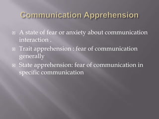    A state of fear or anxiety about communication
    interaction .
   Trait apprehension : fear of communication
    generally
   State apprehension: fear of communication in
    specific communication
 