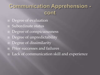    Degree of evaluation
   Subordinate status
   Degree of conspicuousness
   Degree of unpredictability
   Degree of dissimilarity
   Prior successes and failures
   Lack of communication skill and experience
 