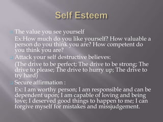  The value you see yourself
  Ex:How much do you like yourself? How valuable a
  person do you think you are? How competent do
  you think you are?
 Attack your self destructive believes:
  (The drive to be perfect; The drive to be strong; The
  drive to please; The drive to hurry up; The drive to
  try hard)
 Secure affirmation :
  Ex: I am worthy person; I am responsible and can be
  dependent upon; I am capable of loving and being
  love; I deserved good things to happen to me; I can
  forgive myself for mistakes and missjudgement.
 
