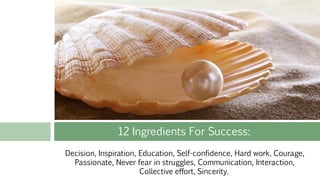 Decision, Inspiration, Education, Self-confidence, Hard work, Courage,
Passionate, Never fear in struggles, Communication, Interaction,
Collective effort, Sincerity.
12 Ingredients For Success:
 