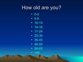 How old are you? 0-5	 5-9 10-13 14-16 17-24 25-35 36-45 46-55 56-65 +65 